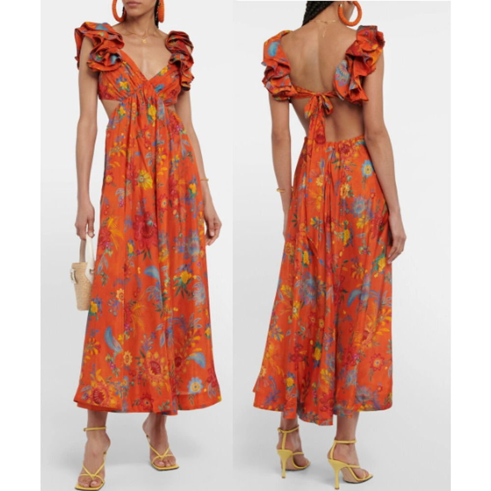 Zimmermann Orange Floral Ruffle Maxi Dress Size 1 / Small